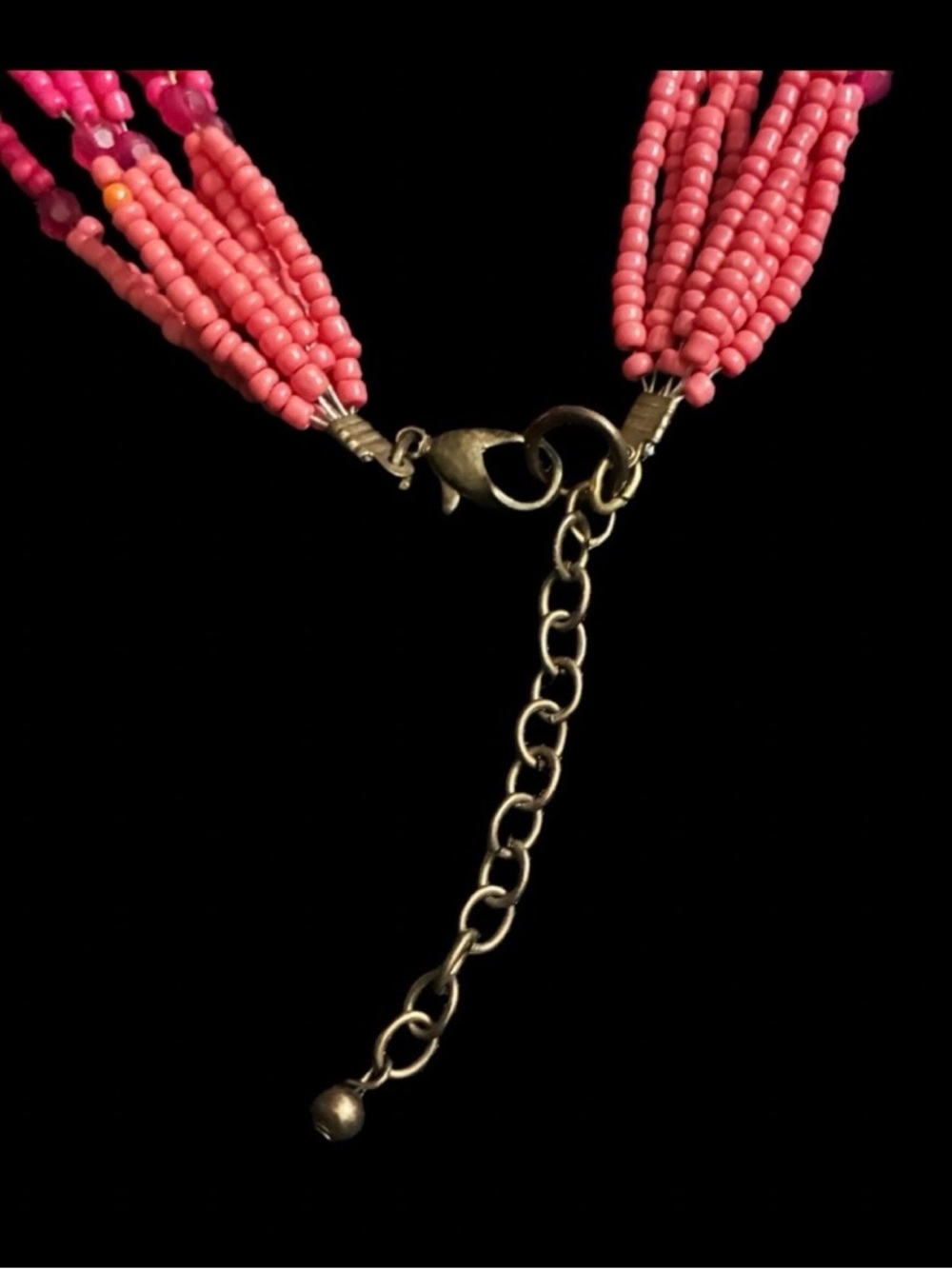 Boho Ethnic Multi Layer Seed Bead Necklace Pink Orange Gold Tone Statement Bib. - Picture 6 of 7